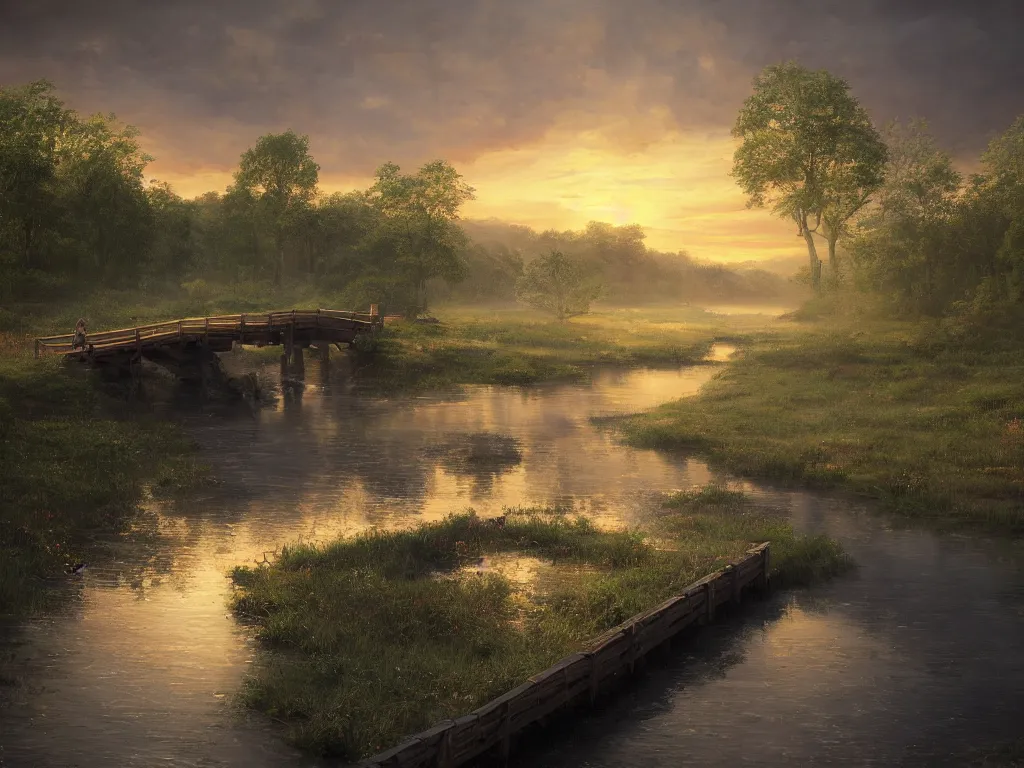 Image similar to a oil painting of a serene landscape with a singular wooden house near a bridge over river, at sunrise, concept art, octane render, unreal engine 5, trending on deviantart, highly detailed, high quality, oil painting, digital painting, masterpiece, hyperrealistic, breathtaking landscape, soft lighting, godrays, complementary colors, natural lighting