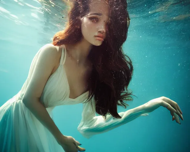 Prompt: beautiful female portrait, full body, diver in long flowy dress, underwater, cinematic volumetric lighting, soft bokeh, glow, 8 k, by wlop, by ross tran, fashion photography