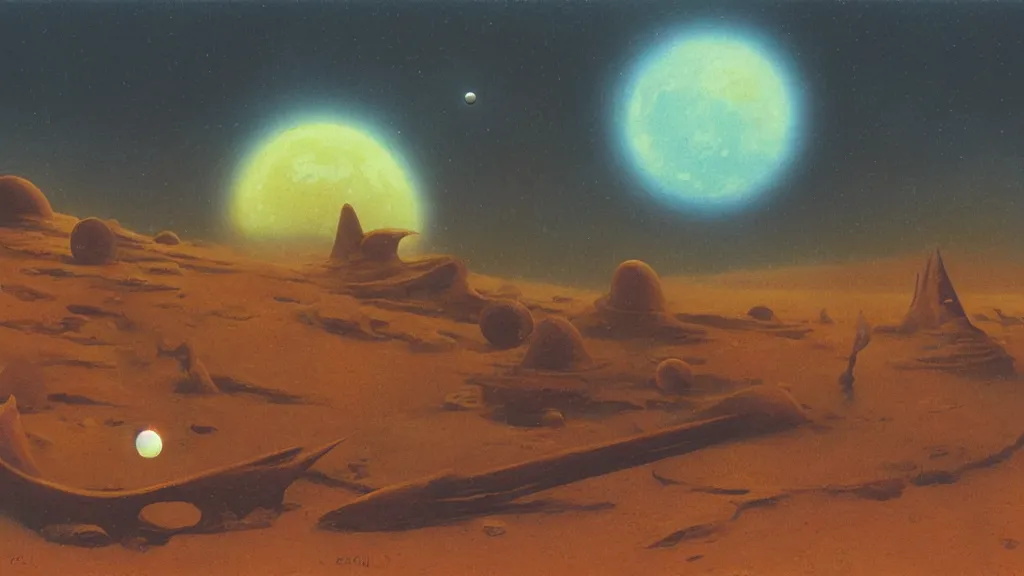 Image similar to mysterious whimsical sculpture of an alien crescent moon by paul lehr and john schoenherr and john harris, cinematic matte painting