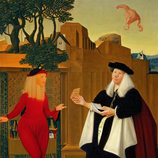 Image similar to painting of crouching Sara Netanyahu throwing peanuts at Benjamin Netanyahu, by Jan Van Eyck