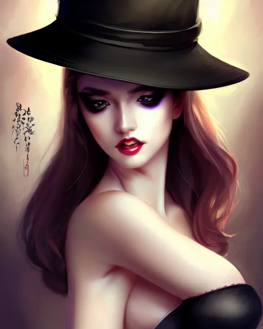 Prompt: lady with eyeliner makeup from genshin impact in triangle fedora hat and black coat, seductive lingerie camisole, intricate, elegant confident pose, sharp focus, illustration, highly detailed, digital painting, concept art, art by wlop and artgerm and ross tran, masterpiece, fritz willis, charlie bowater