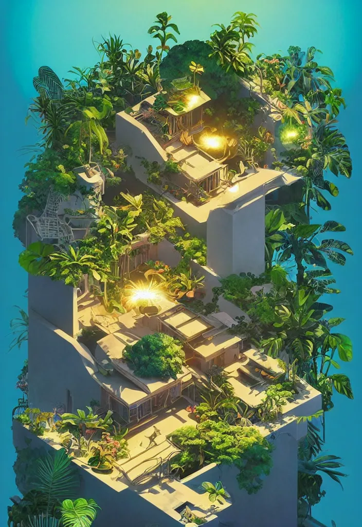 Image similar to a luminescent tropical cottage by paolo eleuteri serpieri and tomer hanuka and chesley bonestell and daniel merriam and tomokazu matsuyama, unreal engine, high resolution render, featured on artstation, octane, 8 k, highly intricate details, vivid colors, vector illustration