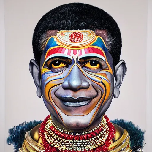 Image similar to Fantasy portrait of Barak Obama as a Kathakali dancer, hyper-realistic Portrait in style of Hajime sorayama, hyperdetailed , supersharp, hypermaximalist, smooth gradients
