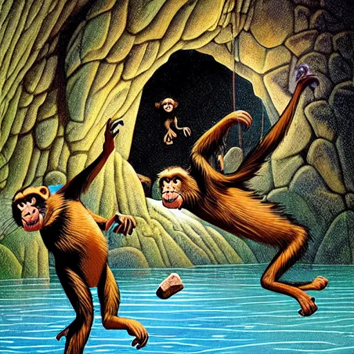 Image similar to Fantasy illustration by Clyde Caldwell - The monkeys chirrup loudly, a cacophonous din reverberating throughout the cavern. They leap into the air and land on the rocks, chittering and screeching to one another. One of them grabs a rock and hurls it into the pool. It splashes loudly, but the monkeys do not recoil. You see tattered strings of rope and cloth tied around their necks, to which they have affixed baskets that they carry beside them.