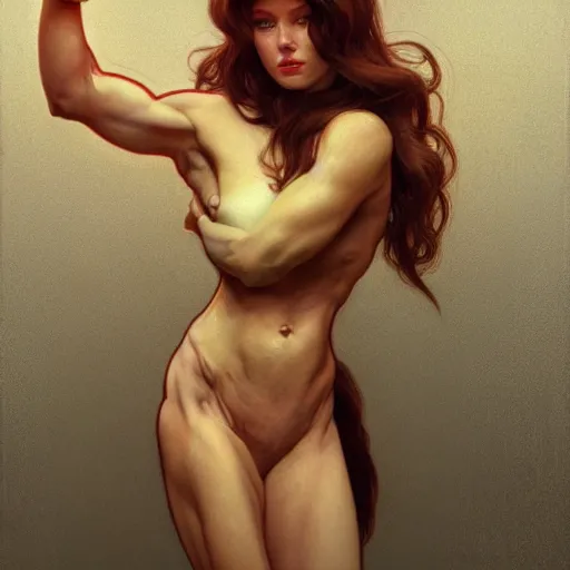 Image similar to modern woman | muscular | hyperrealistic | action pose | digital painting | trending on artstation | pinup portrait | clean | illustration | dressed | unreal engine 5 | 8 k resolution | rubenesque | by greg rutkowski alphonse mucha gustav klimt and mel ramos