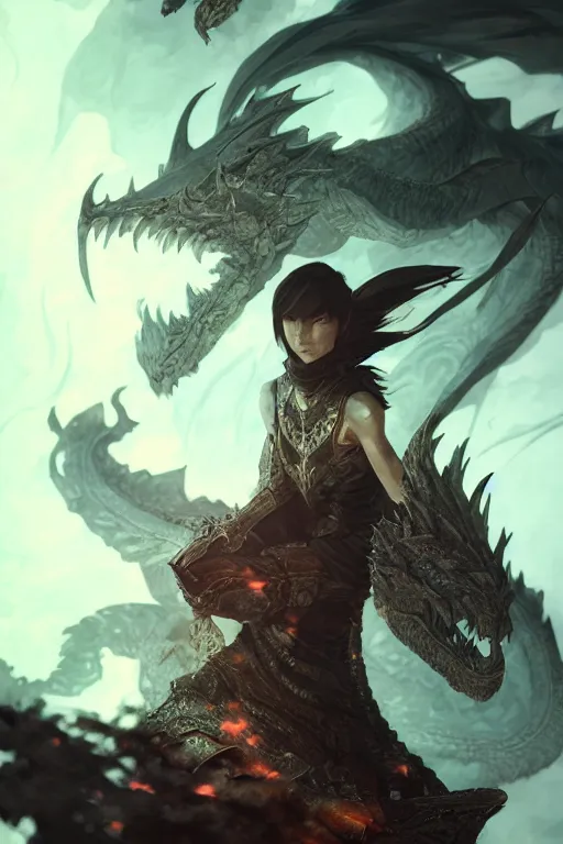 Prompt: highly detailed portrait of a dragon, cinematic lighting, dramatic atmosphere, by Dustin Nguyen, Akihiko Yoshida, Greg Tocchini, Greg Rutkowski, Cliff Chiang, 4k resolution, Skyrim inspired, Fire Emblem inspired, magnificent background