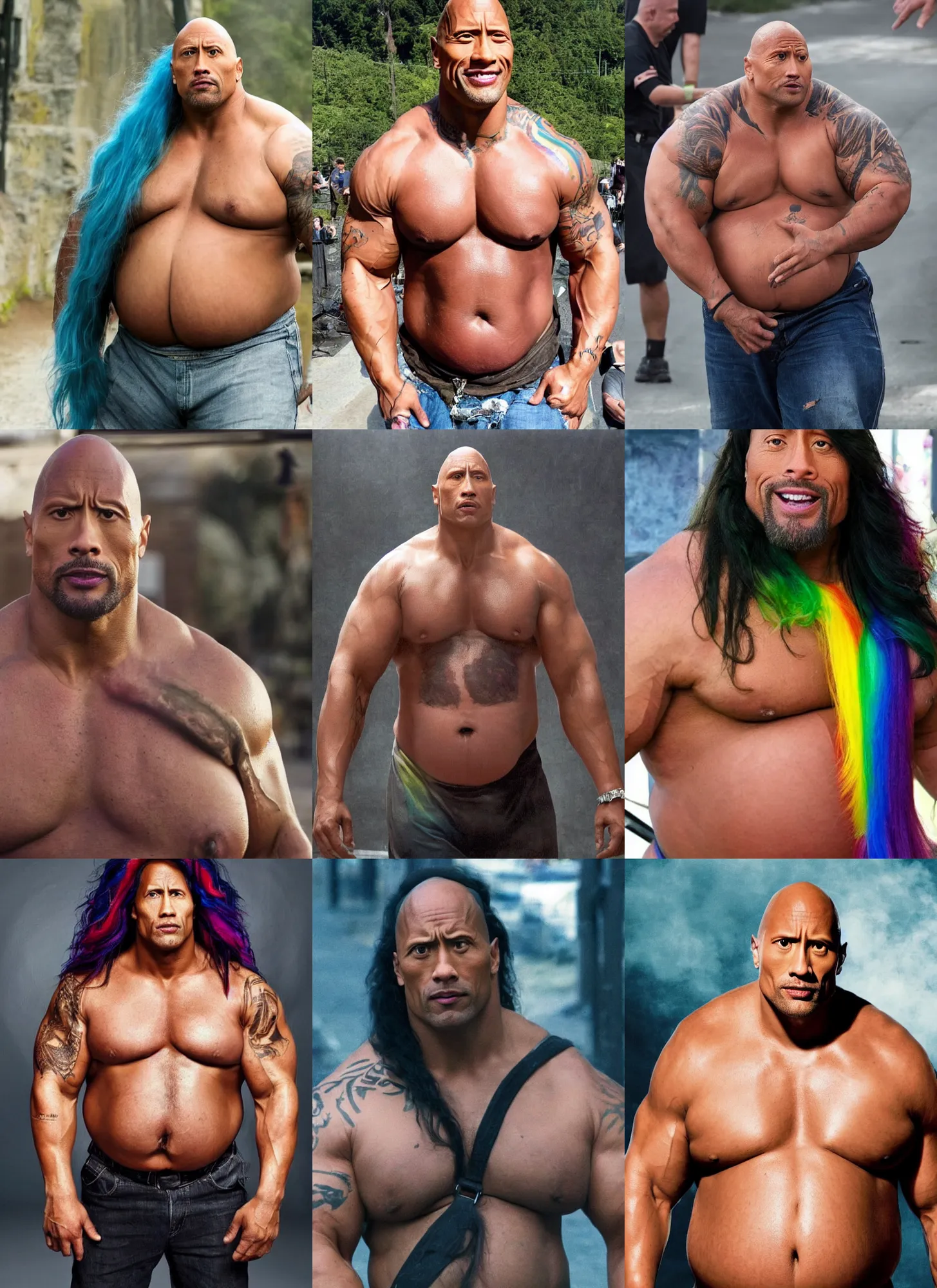 Prompt: dwayne johnson as obese!!! long haired rainbow colored hair lgbt rainbow haired obese dirty trans with mascara, looking at the camera, medium shot, fat belly, trip to legnica, very realistic film still, natural