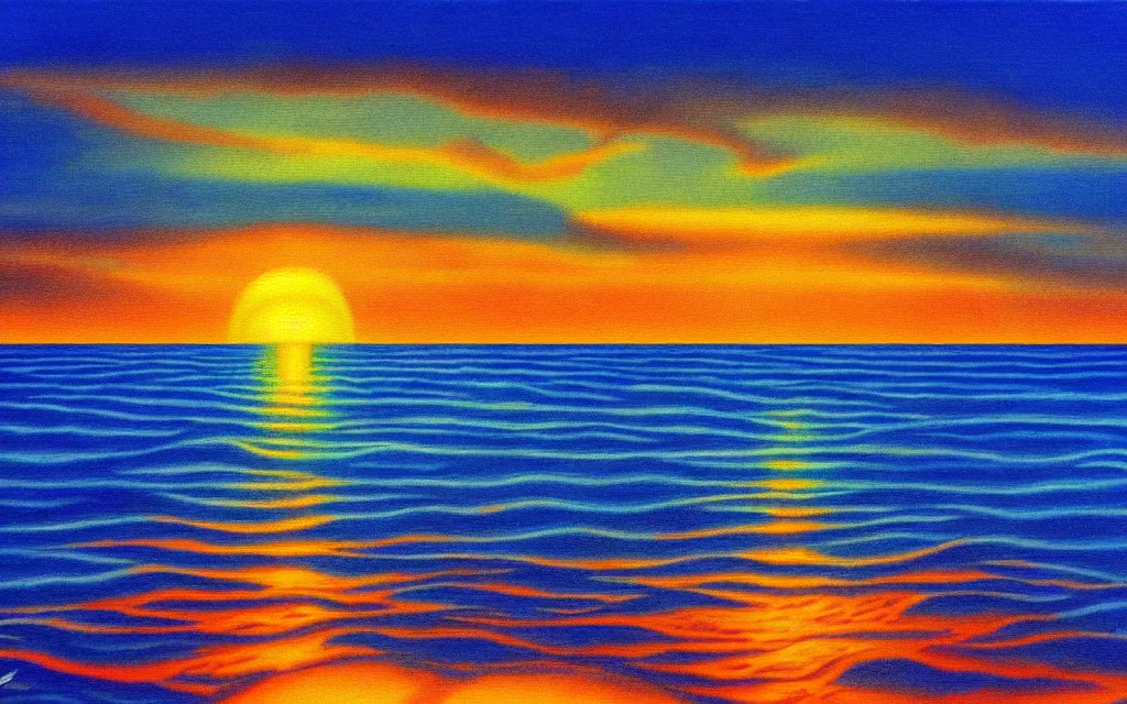Prompt: scene of an ocean sunset in the style of a surrealist optical illusion detailed painting