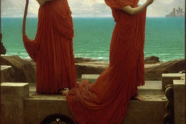 Prompt: john william godward, sir lawrence almda tadema, herbert james draper. cthulhu priestess. oil on canvas. trending on artstation 1 8 9 9.