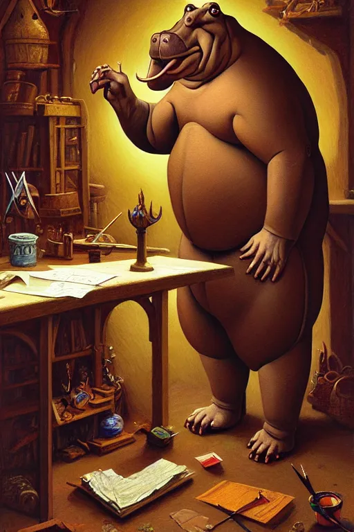 Prompt: classic oil painting, an anthropomorphic bipedal hippo that is dressed as a medieval painter, as a dnd character, inside a cluttered art studio, cottagecore, highly detailed, digital illustration, concept art, smooth, sharp focus, art by greg hildebrandt, and tim hildebrandt