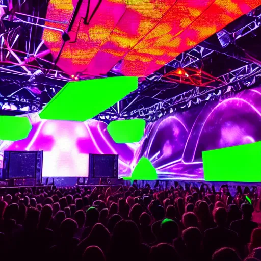 Prompt: a concert set with led screens with abstract content.