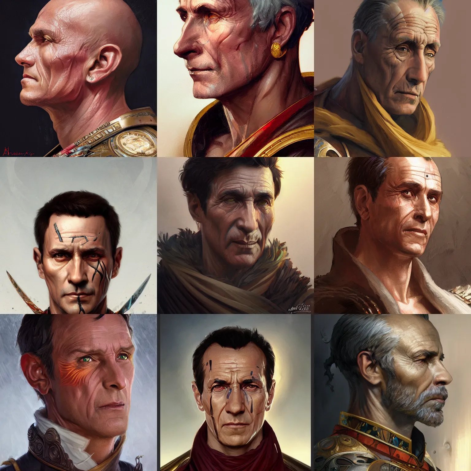 Prompt: julius caesar, headshot, painted fantasy character portrait, highly detailed, digital painting, artstation, concept art, sharp focus, illustration, art by artgerm and greg rutkowski and alphonse mucha