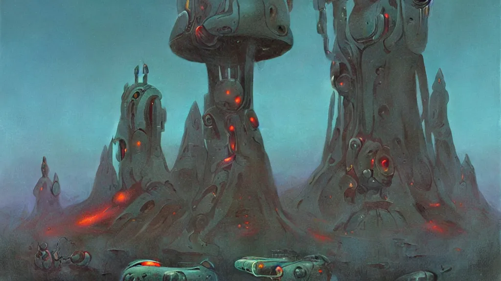 Image similar to mysterious whimsical sculpture of alien technology by paul lehr and john schoenherr and john harris, cinematic matte painting