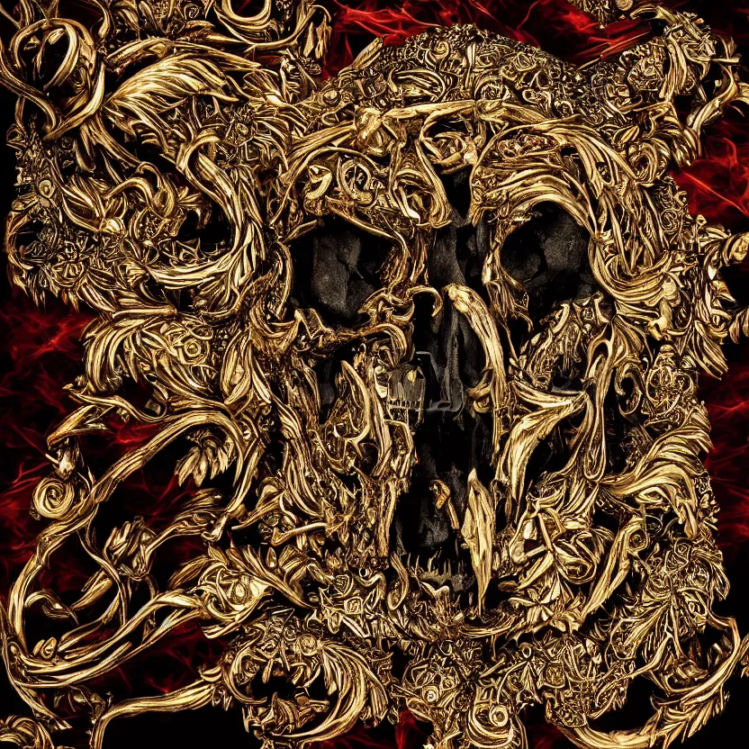 Image similar to photo portrait of skull of wolf, lying on bones, dramatic lighting, golden ornaments, symmetric, intricate skeletal decorations, symmetry, highly detailed, concept art, black, red, white, gold layers, super moon, style of nekroxiii, hyperrealistic, dark background, smoke