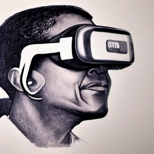 Prompt: ink drawing of obama wearing a VR headset, master piece