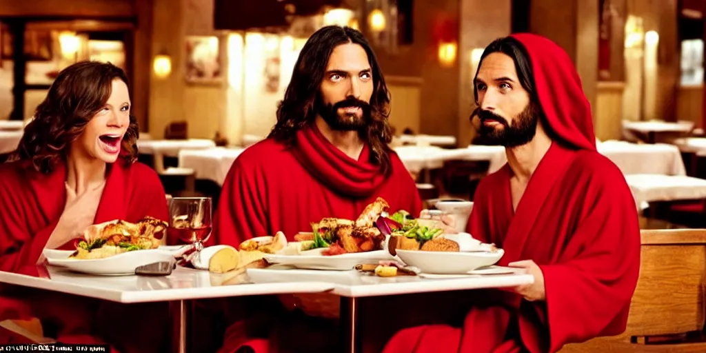 Image similar to jesus christ in a robe and red scarf, in a restaurant, on a date with a beautiful woman, yelling at a young blonde haired waiter