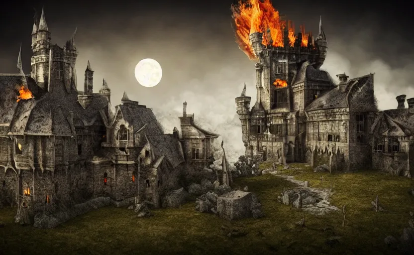 Image similar to a picture of burning!!! gothic! castle in smoke on a hill, village terrified by vampires, chaos, full moon in clouds, visual art, 8 k resolution, 3 d modelling, accent lighting, art station