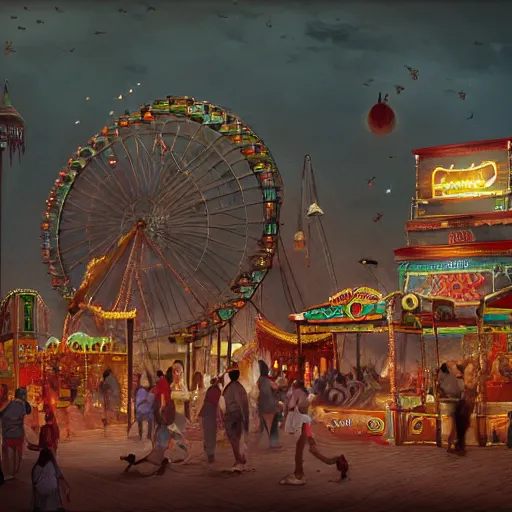 Image similar to an amusement park in old egypt, ferris wheel, bumper cars, lights, digital art, trending on artstation, matte painting