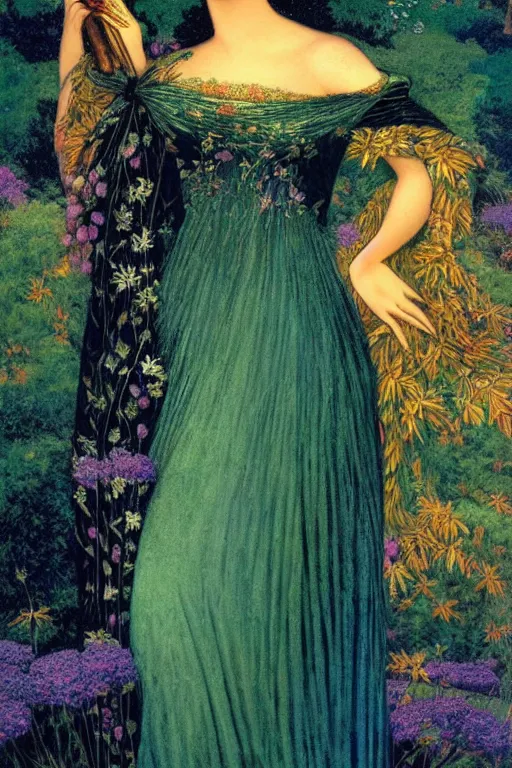 Prompt: beautiful portrait of the queen of night at twilight with the sunset shining in her hair| richly embroidered velvet| lush foliage | dramatic lighting | Maxfield Parrish and John Waterhouse | rich colors