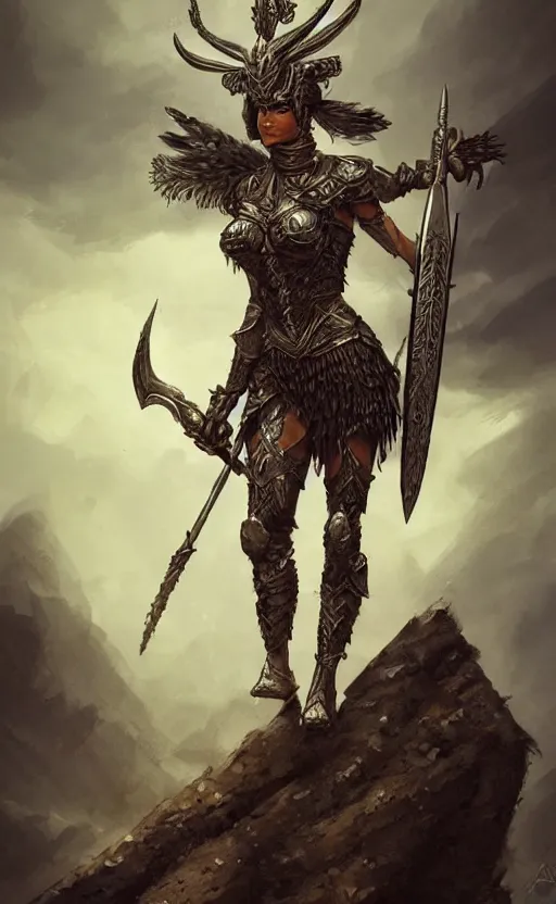 Image similar to valkyrie standing triumphantly atop a pile of bones, epic fantasy, insane details, illustration, artstation, intricate, sharp focus, elegant, concept art