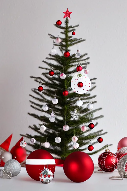 Prompt: flat sticker scandi christmas tree with kitsch glitzy baubles and stars and christmas robin bird decorations, silver pink white red mood, smooth sharp focus