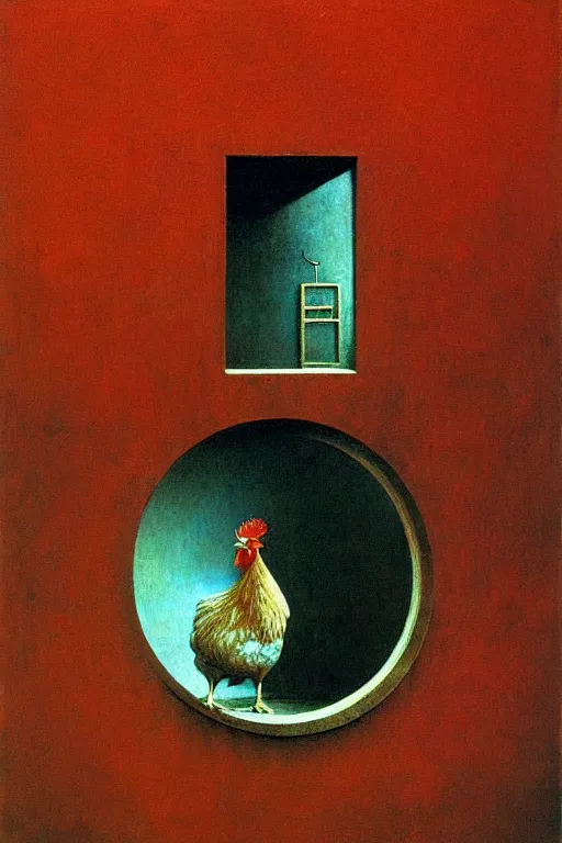 Image similar to a chicken trapped inside a mirror with a key on the ground, beksinski, oil painting