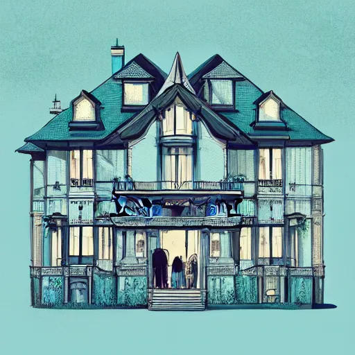 Image similar to people looking at a house, intricate, elegant, highly detailed, vector illustration, artstation, concept art, smooth, sharp focus, illustration, art by jonny wan, sea green color scheme