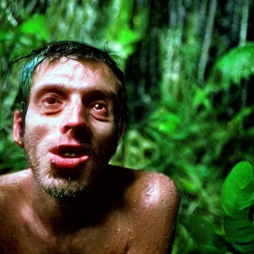 Image similar to portrait of a mad high guy on drugs in the middle of a blue jungle at night in rain photographed by Andrej Tarkovsky, kodak 5247 stock