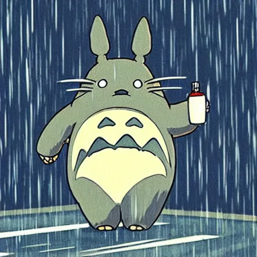 Image similar to Totoro is hailing a cab in the rain