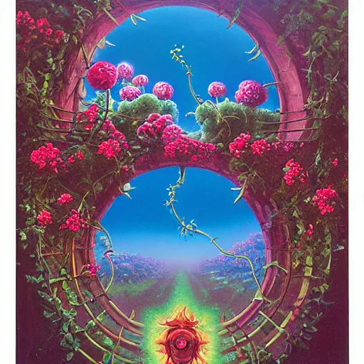 Image similar to a portal with vines and roses on the outside by kilian eng, chris foss, rodney matthews, robert mccall, jacek yerka and vladimir kush, oil on canvas