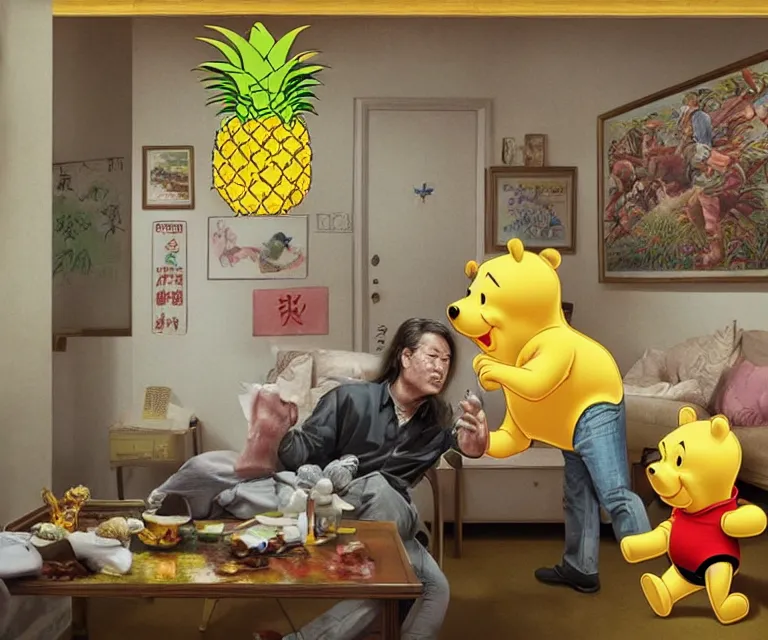 Prompt: hyperrealism pineapple express movie still photography of real detailed xi jinping with detailed face smoking detailed weed in detailed basement bedroom with winnie the pooh hyperrealism photography by araki nobuyoshi
