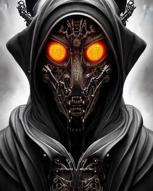 Image similar to front shot of a cyberpunk hooded dead biomechanical demon mastermind character, intricate, elegant, highly detailed, centered, (((artstation, concept art, smooth, sharp focus, artgerm, Tomasz Alen Kopera, Peter Mohrbacher, donato giancola, Joseph Christian Leyendecker, WLOP, Boris Vallejo))), mugshot!!!!!, ugly!!!!!!, octane render, nvidia raytracing demo, grainy, muted