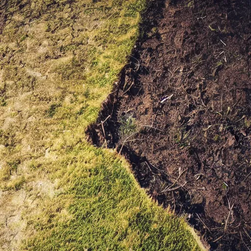 Prompt: a beautiful landscape photo of a mycelium under plowed land