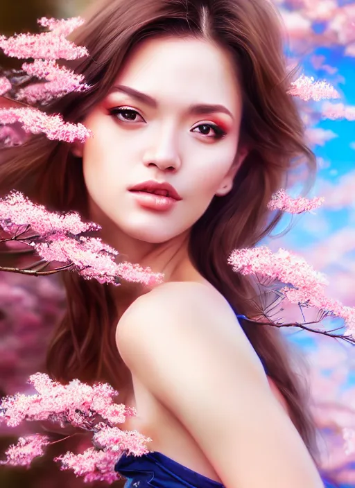 Image similar to photo of a gorgeous female in the style of stefan kostic, realistic, half body shot, sharp focus, 8 k high definition, insanely detailed, intricate, elegant, art by stanley lau and artgerm, extreme blur cherry blossoms background