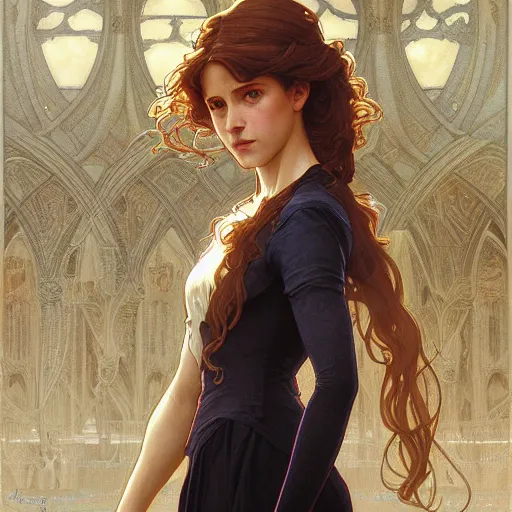 Image similar to hermione, intricate, elegant, highly detailed, digital painting, artstation, concept art, smooth, sharp focus, illustration, art by artgerm and greg rutkowski and alphonse mucha and william - adolphe bouguereau