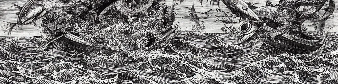 Prompt: Elaborate wallpaper print of Fish Kaiju attacking a boat in the Waves in the style of Albrecht Durer and Martin Schongauer, high contrast finely carved woodcut black and white crisp edges