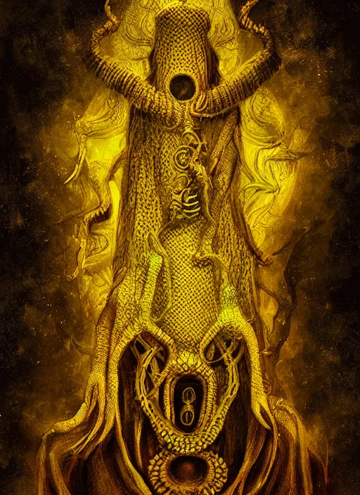 Image similar to detailed digital painting of hastur the king in yellow, dark background, volumetric lighting