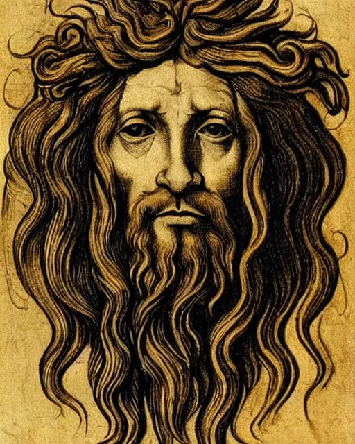 Prompt: four faces in one creature, jesus face, eagle beak, lion mane, two large horns on the head, drawn by da vinci. symmetrical