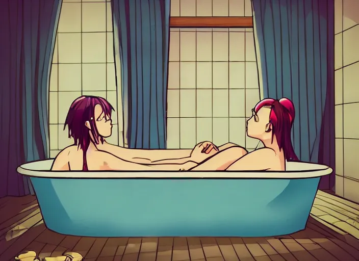 Image similar to girl in bathtub, bathroom, boring, anime, 1 9 9 0 s, retro style, aesthetic, chill, room