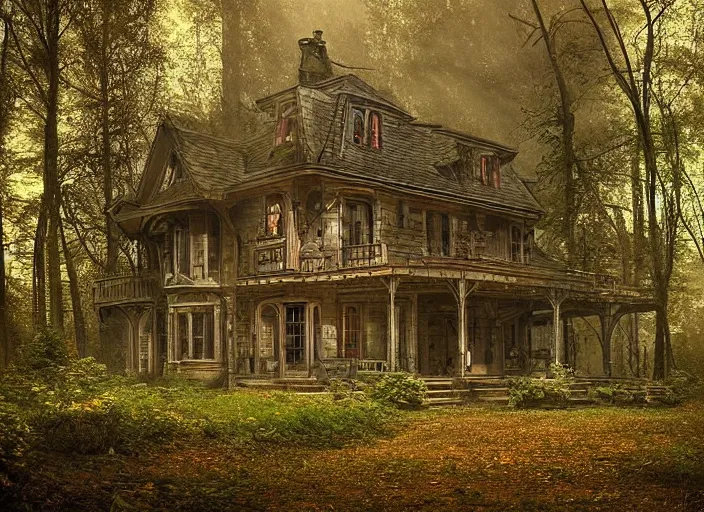 Prompt: house in a clearing in the middle of the forest, beautifully lit, steampunk, by france belleville - van stone