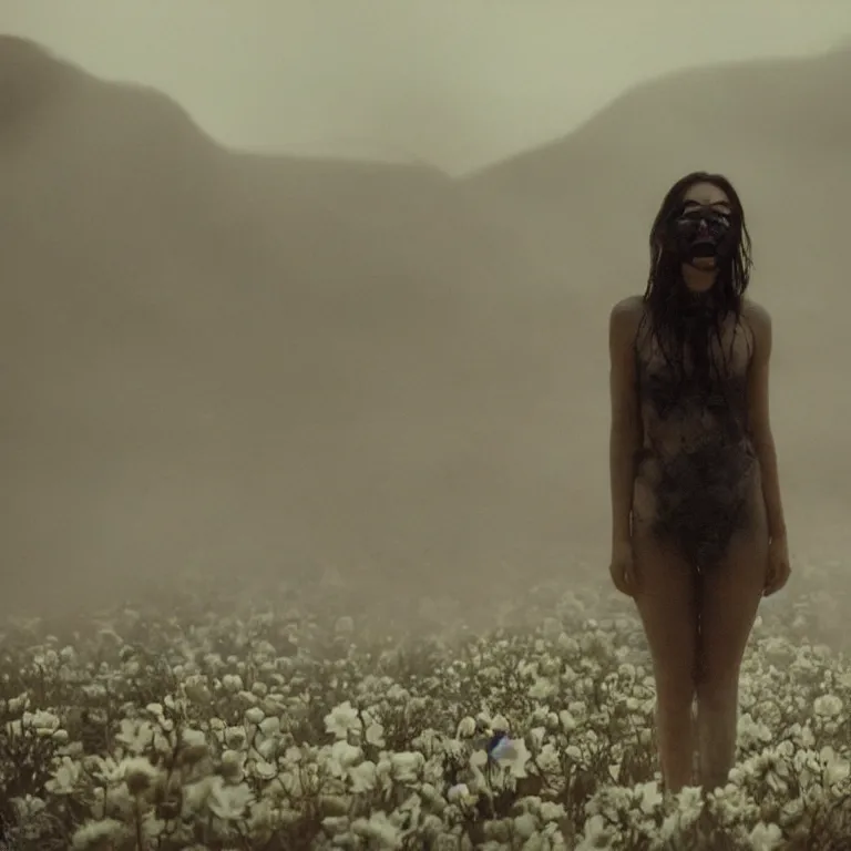 Image similar to The full body shot of beautiful pale woman with many flowers growing inside her and full-face black mask with glowing halo, a thick black smoke in rocky desert landscape, glowing eyes, falling star on the background, burning earth by Christopher Doyle, Gaspar Noe, Alejandro Jodorowsky, anamorphic lens, cinematic composition, award winning photo, 8k