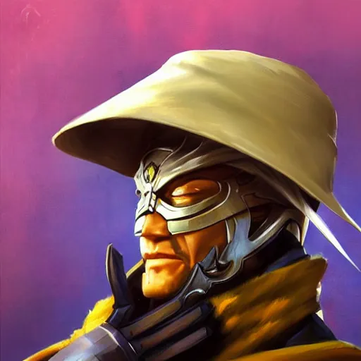 Prompt: greg manchess portrait painting of raiden from mortal kombat wearing a jingasa hat as overwatch character, medium shot, asymmetrical, profile picture, organic painting, sunny day, matte painting, bold shapes, hard edges, street art, trending on artstation, by huang guangjian and gil elvgren and sachin teng
