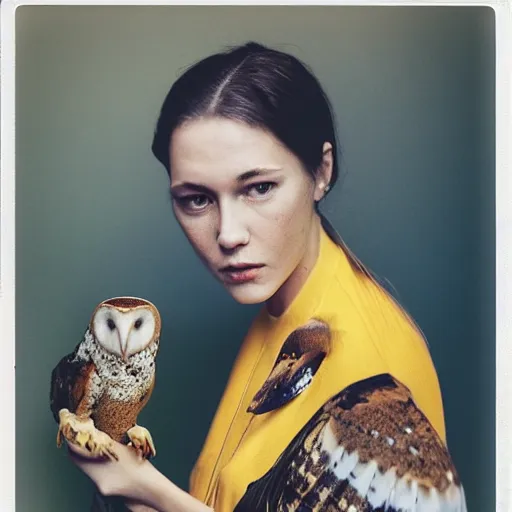 Prompt: head to shoulder portrait Polaroid film photograph of an elegant top model wearing a yellow kimono with a very detailed barn owl on her shoulder!!! in a tropical greenhouse. looking at the camera!!. super resolution. Polaroid 600 film. art by Alessio albi and Annie Leibovitz.