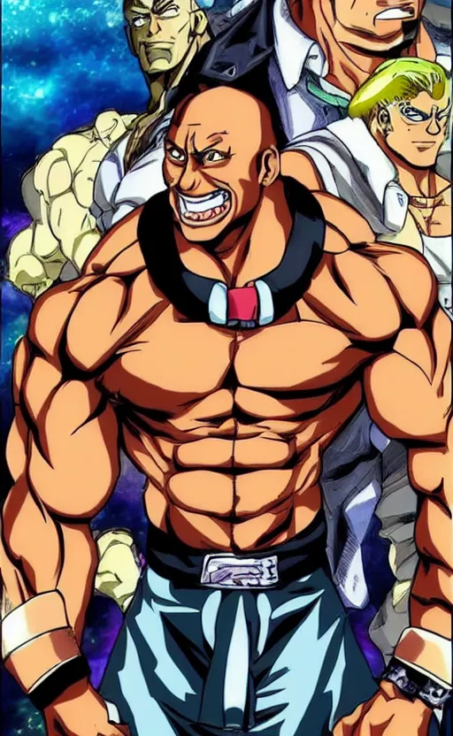 Image similar to Dwayne Johnson in JoJo's bizarre adventure anime style