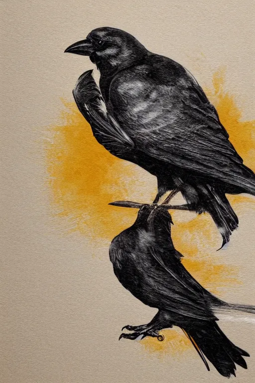 Image similar to beautiful serene smart crow, healing through motion, minimalistic golden ink airbrush painting on white background