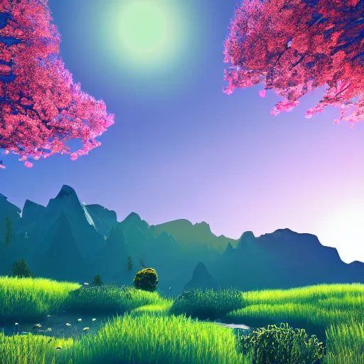 Image similar to mountain landscape in spring, flowers, teal landscape, dreamy light, sunny, floating particles, complementary palette, by and jacek yerga and jesse king, pop surrealist, wiccan, unreal engine, bokeh, detailed