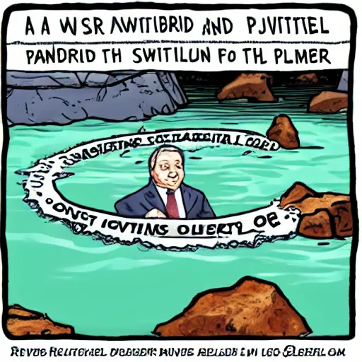 Prompt: a river swallowed by a politician, political cartoon