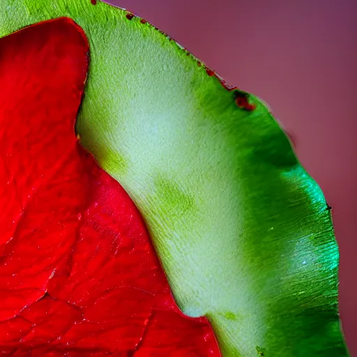 Prompt: a zoomed in macro 8mm photo of a red rose petal, macro photograph, photo, photorealistic, microscopic photo,