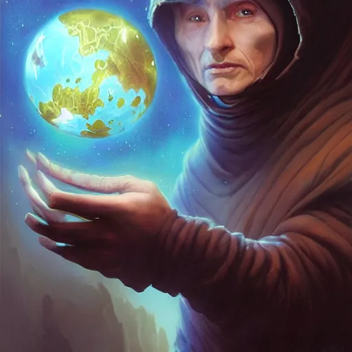 Prompt: rogue male wearing a cloak on an alien world and holding a holographic planet projection in his hand, masked face, detailed, sci - fi, digital painting, artstation, sharp focus, illustration, artgerm, tomasz alen kopera, peter mohrbacher, donato giancola, joseph christian leyendecker, wlop, frank frazetta