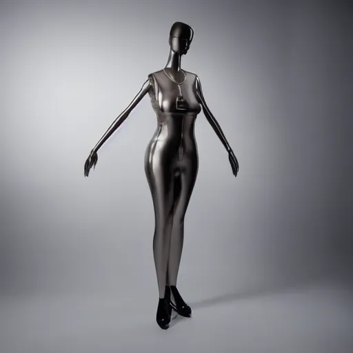 Image similar to a full body shot of a female mannequin, designed by hans boodt, wearing baggy pants, a tight top and a shiny, puffy coat, epic studio lighting, fashion photography